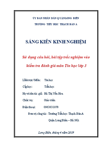 Sáng kiến kinh nghiệm Sử dụng câu hỏi, bài tập trắc nghiệm vào kiểm tra đánh giá môn Tin học Lớp 3