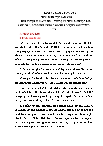 SKKN Rèn luyện kĩ năng nói – viết qua phân môn tập làm văn Lớp 3 góp phần nâng cao chất lượng môn tiếng Việt